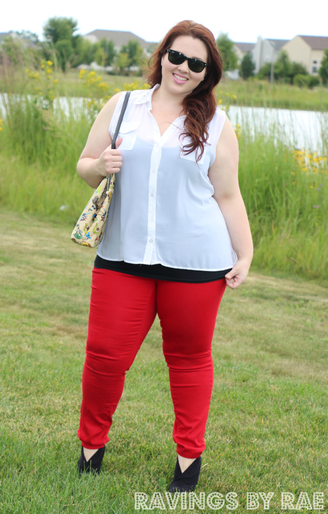 Plus Size OOTD: Rhinestone Collar and Red Skinny Jeans - Sarah Rae Vargas