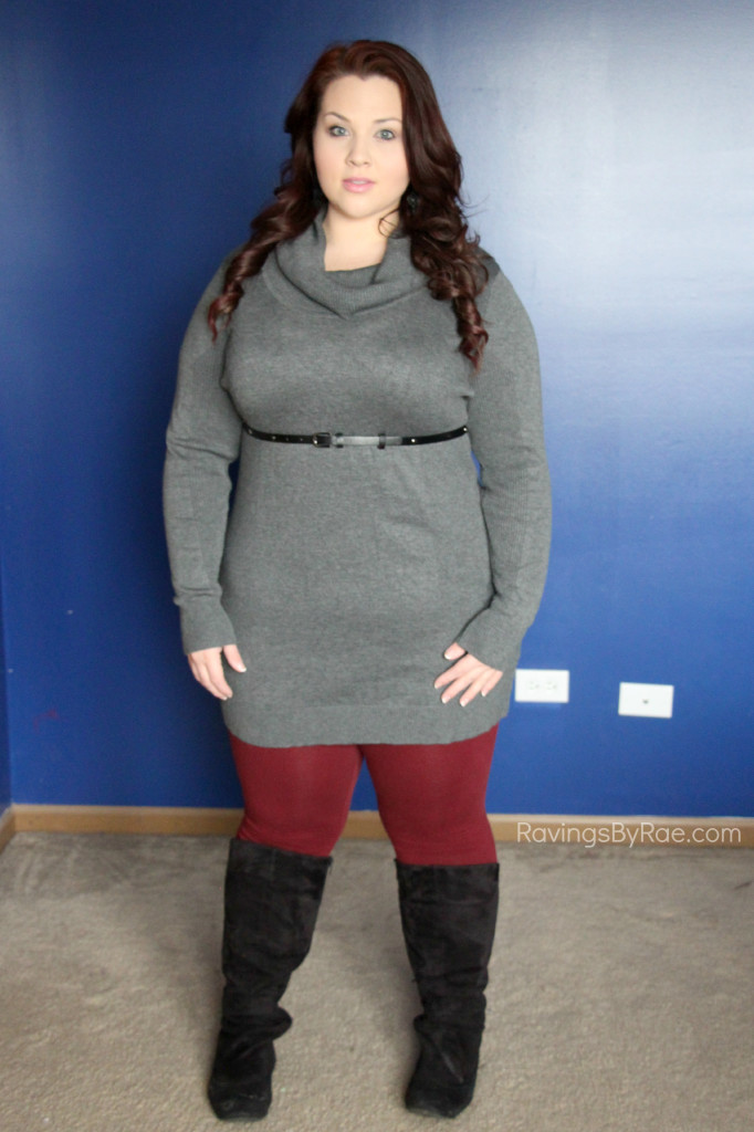 plus size sweater dress with leggings and boots
